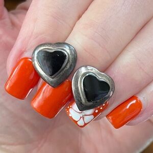 Signed 925 Silver and Onyx Heart Shaped Earrings Artist Signed